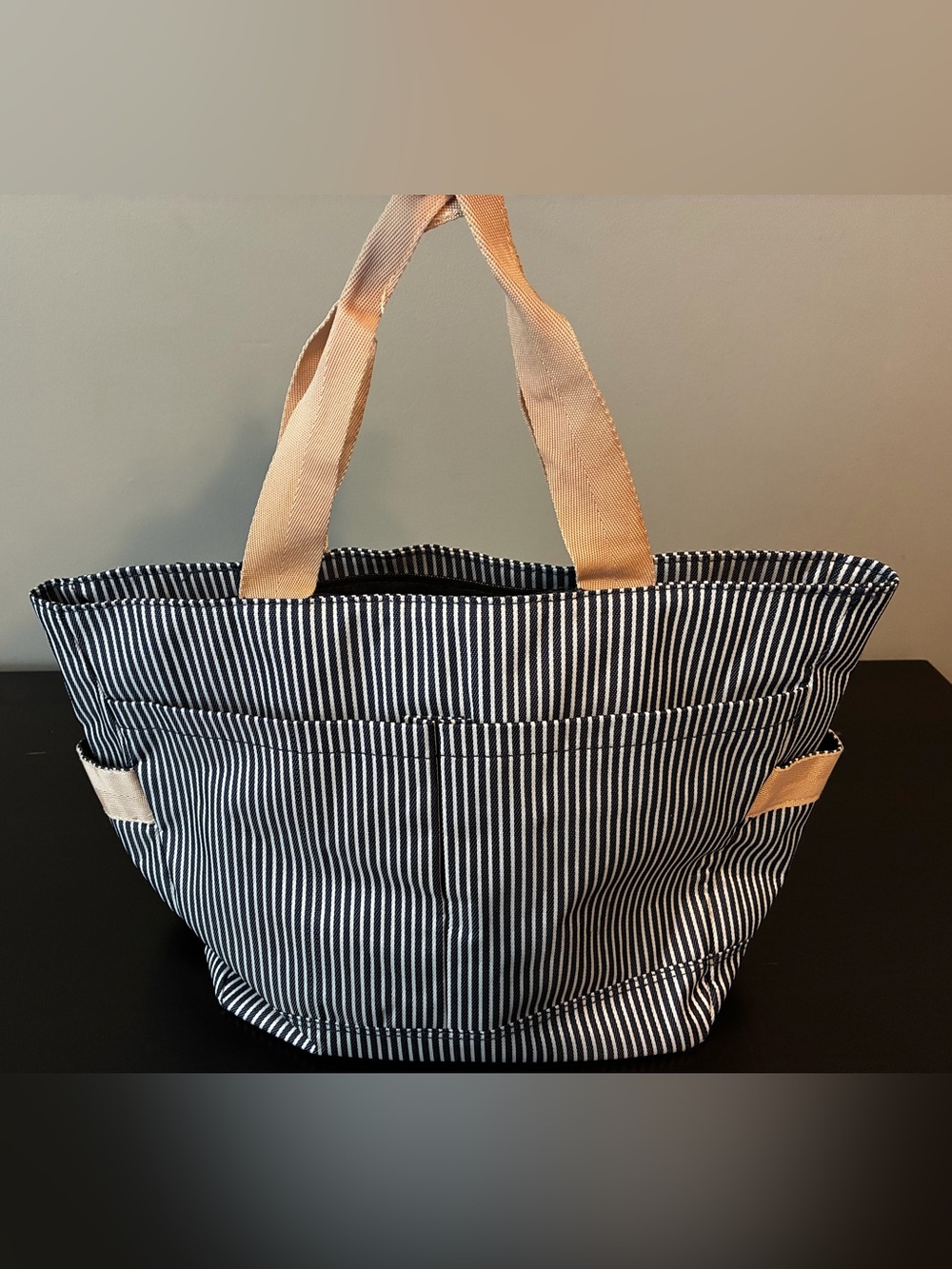 Large navy striped tote bag
